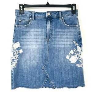 FOR THE REPUBLIC Denim Skirt Sz 8/28 Embroidered Light Wash Raw Hem